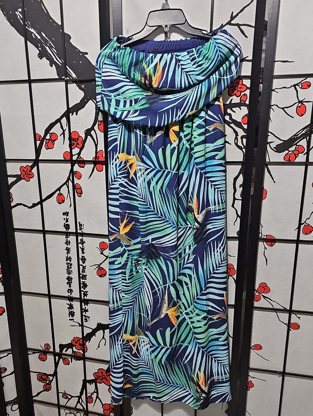 Express Strapless Tropical Leaf Maxi Dress - Navy Green New XS